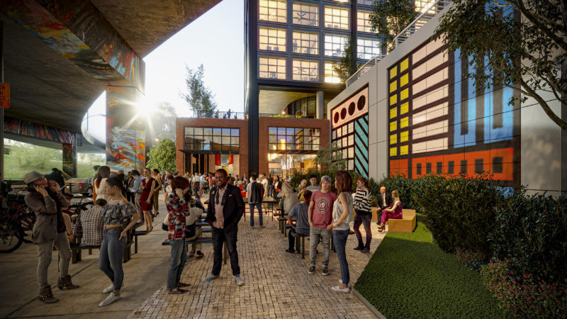 Rendering of the beer garden/retail space within the development