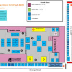 A diagram showcasing the layout of vendor booths at the Orange Street ArtsFest 2025, indicating booth placements and street areas.
