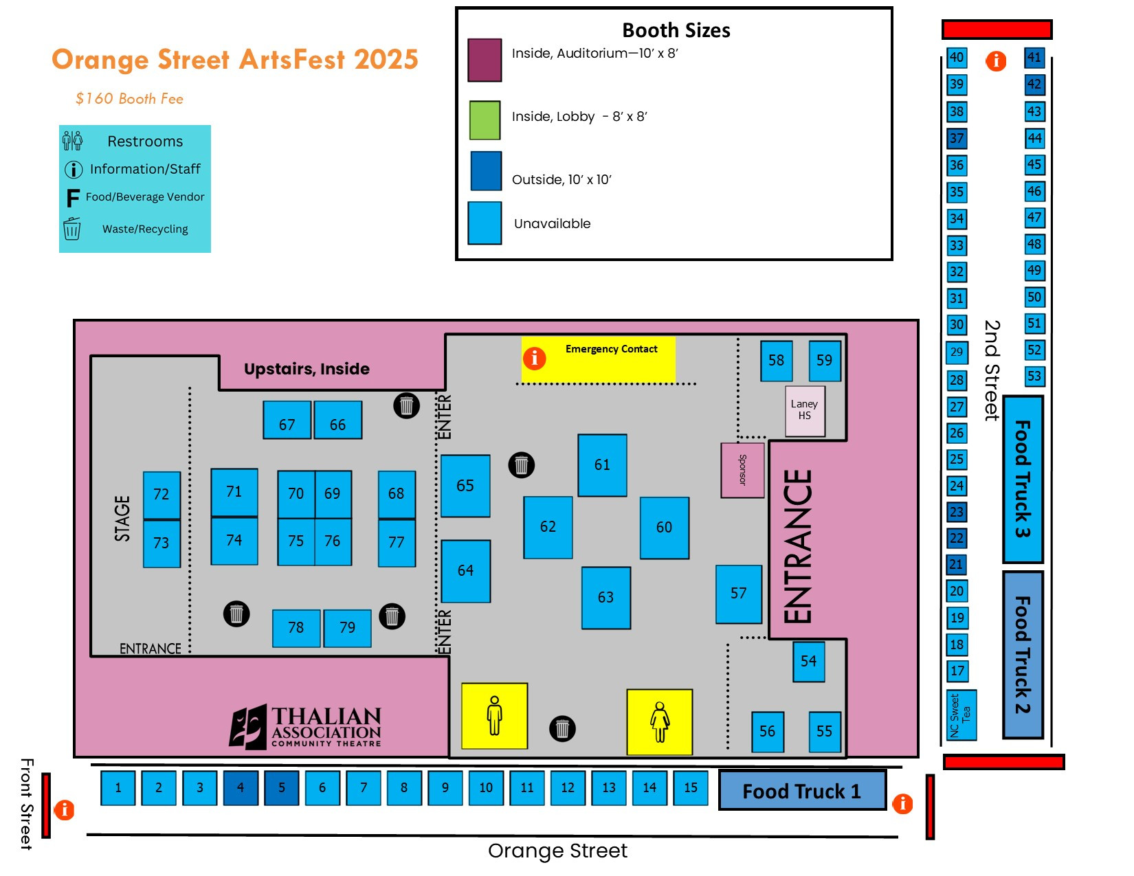 A diagram showcasing the layout of vendor booths at the Orange Street ArtsFest 2025, indicating booth placements and street areas.