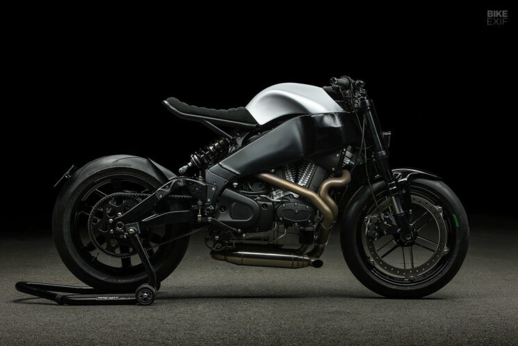 Custom Buell XB12S street fighter motorcycle with exposed frame and aftermarket exhaust