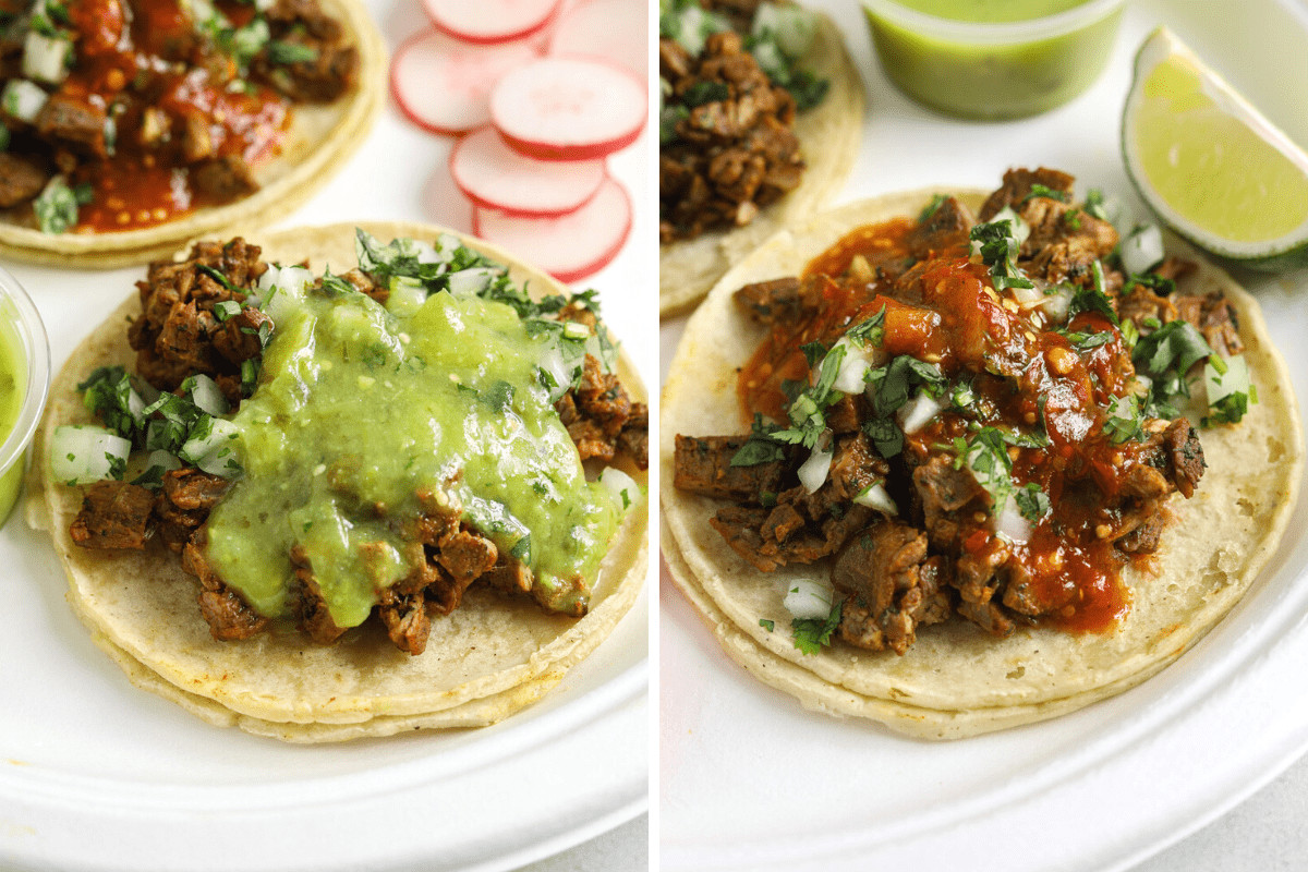 Close-up of two california street tacos on white plates, one with green salsa and the other with red salsa.