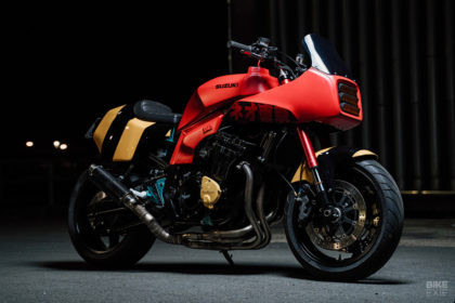 Custom Suzuki GSX-R750 slabby street fighter with USD forks and aftermarket exhaust