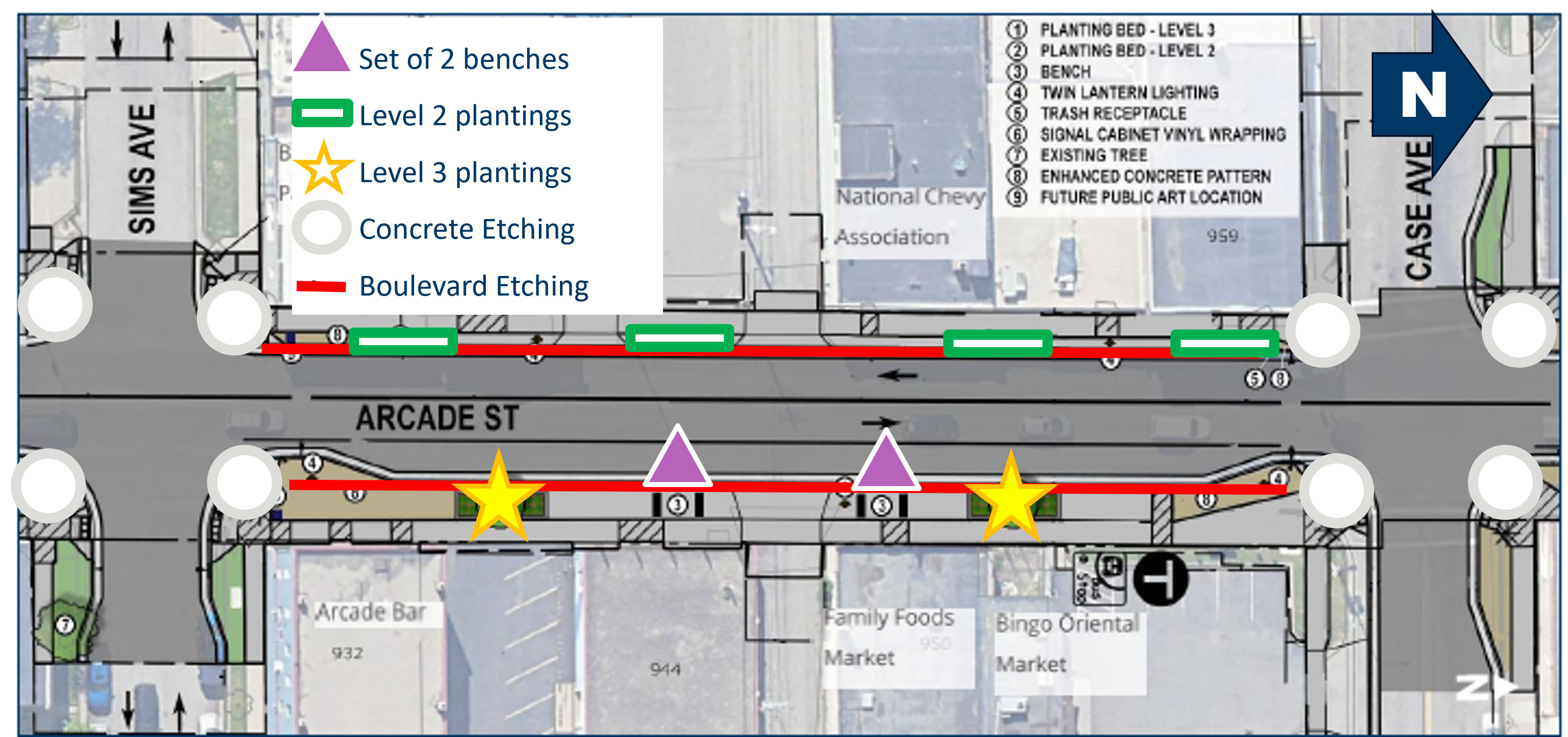 Rendering of Arcade Street from Sims to Case Avenue, indicating potential locations for plantings, benches, and decorative concrete etchings.