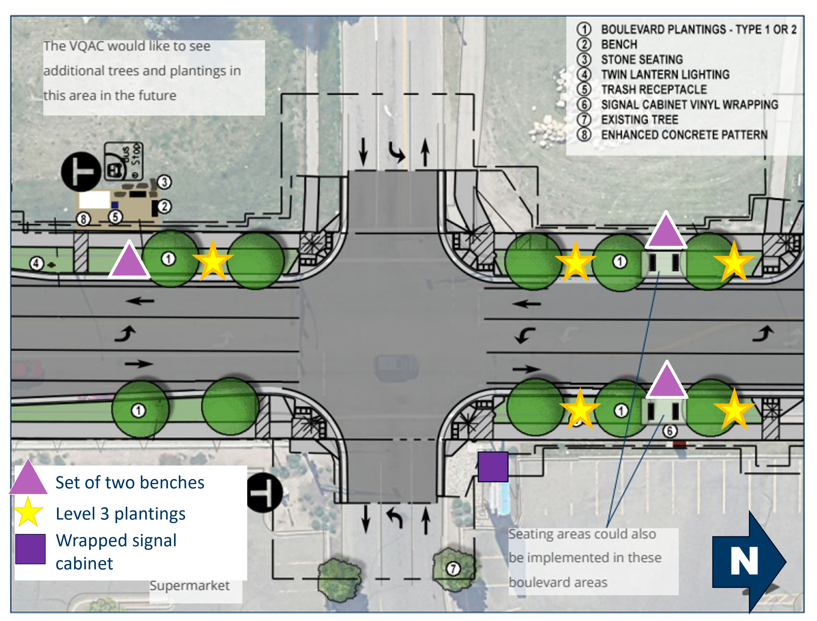 Rendering of Arcade Street and Neid Lane intersection, highlighting potential improvements to hardscapes and sidewalks.