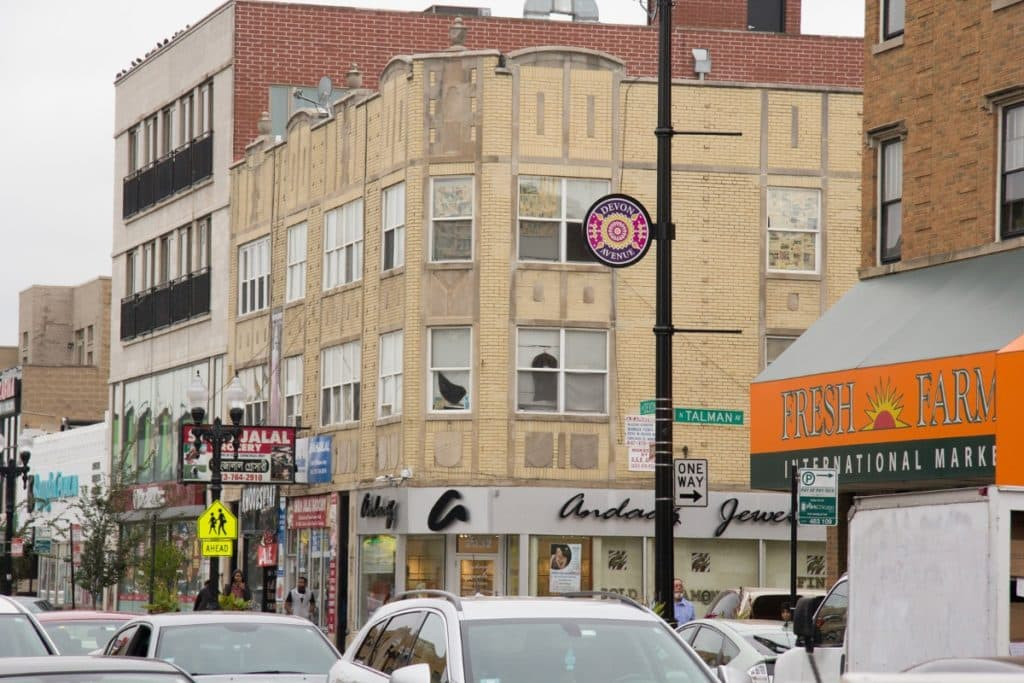 Buildings showcasing Indian culture on Devon Street, Chicago