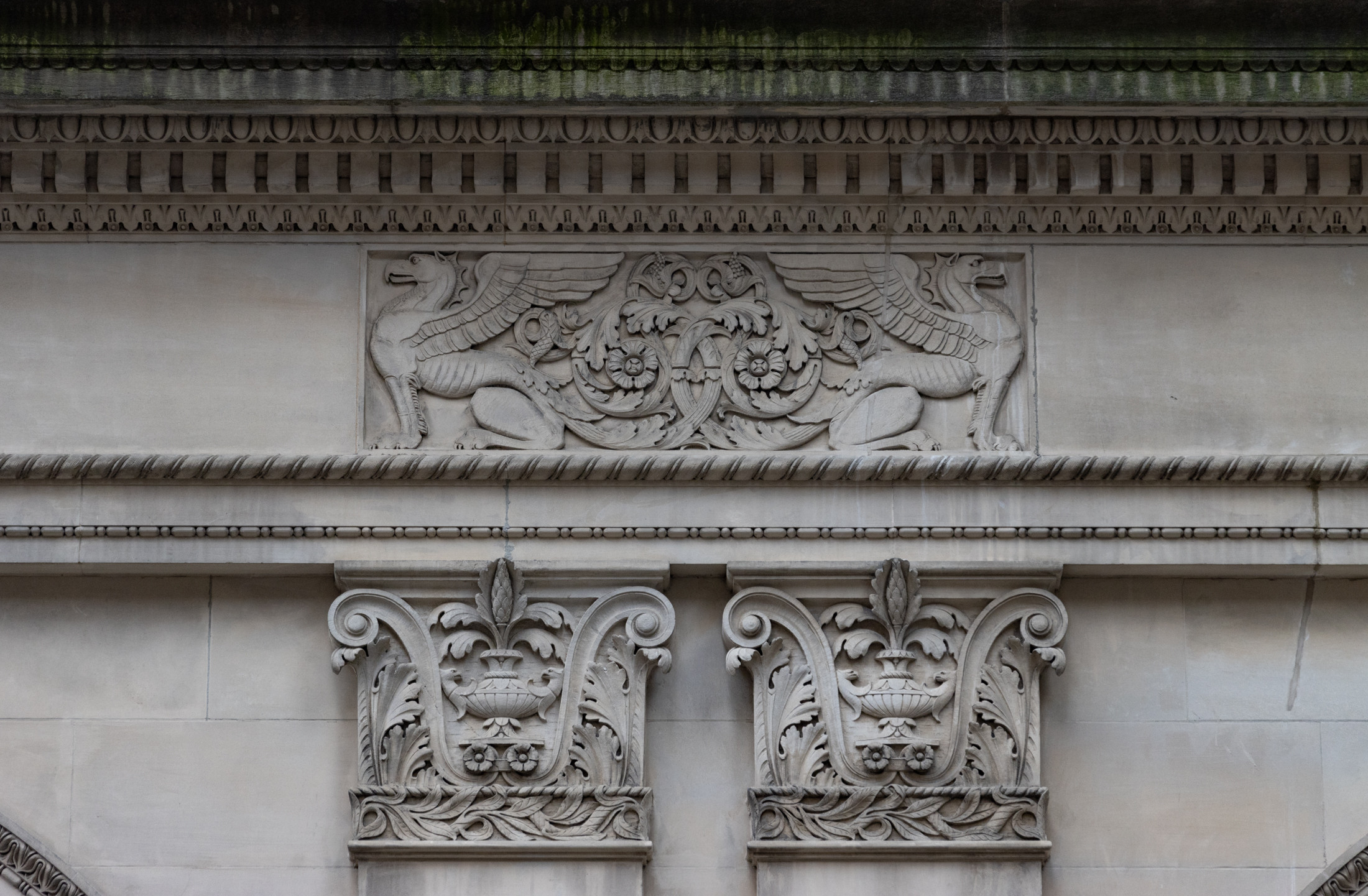 Decorative pilaster capitals on the Brooklyn Edison Building at 345 Adams Street, a newly designated landmark in Downtown Brooklyn known for its architectural significance.