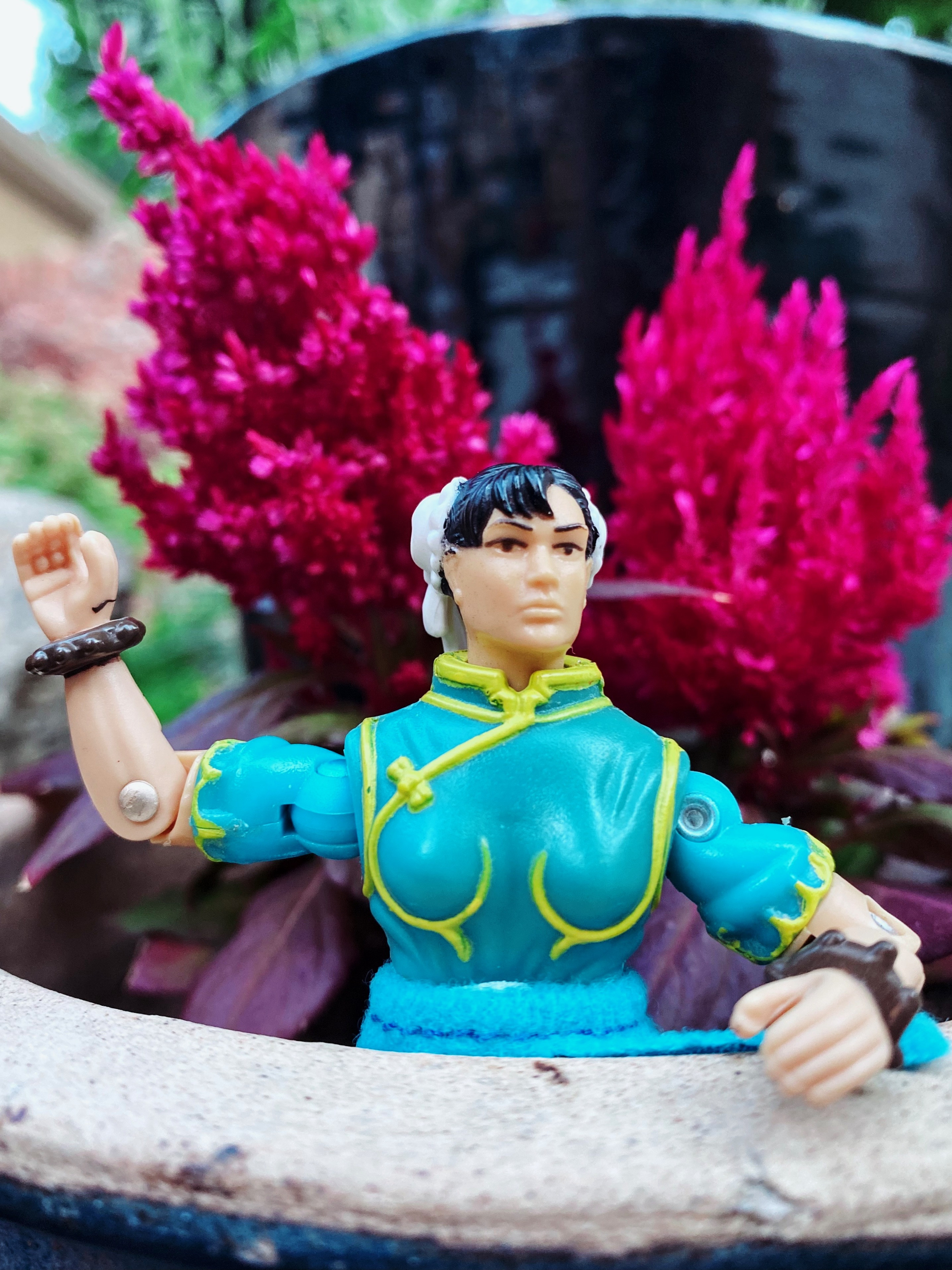 Chun-Li 1994 Street Fighter movie figure in a party setting, photo by Herb