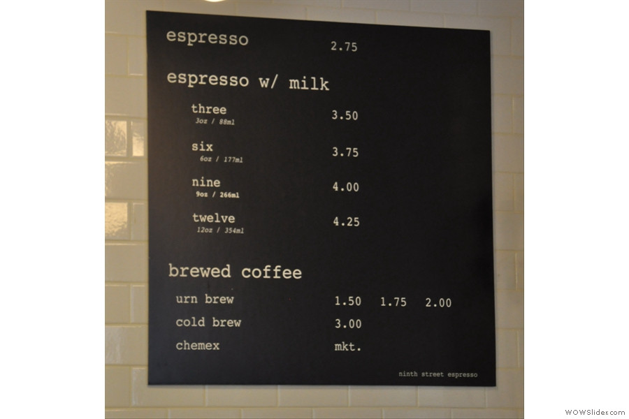 The menu at Ninth Street Espresso, showcasing their simple and size-focused approach to coffee offerings in New York City.