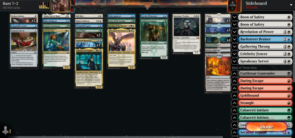 An Obscura (Esper) deck in Streets of New Capenna Sealed, designed to counter Brokers strategies with black removal and disruption.