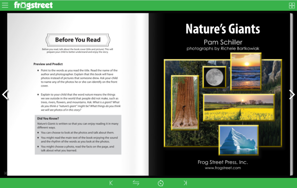 Digital library ebook interface example 1, showcasing accessible learning resources within the Frog Street Pre-K at Home curriculum.