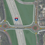 Aerial rendering of the 145th Street and I-5 interchange improvements, showcasing planned roundabouts and updated lane configurations.
