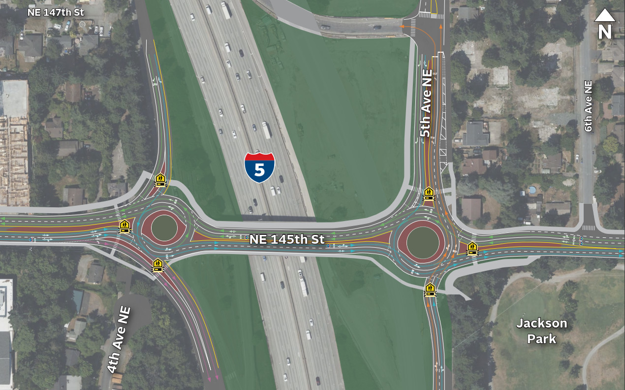 Aerial rendering of the 145th Street and I-5 interchange improvements, showcasing planned roundabouts and updated lane configurations.
