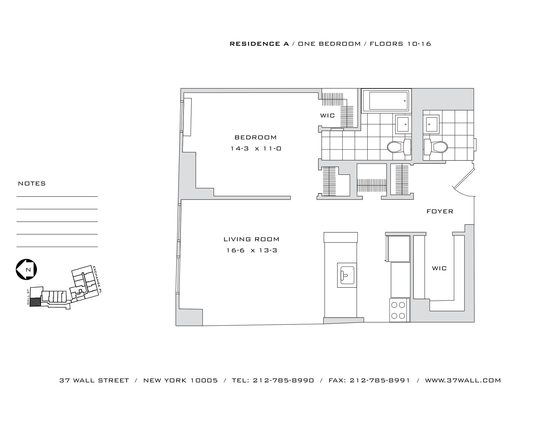 Bedroom interior in a one-bedroom apartment at 37 Wall Street, Manhattan, NYC