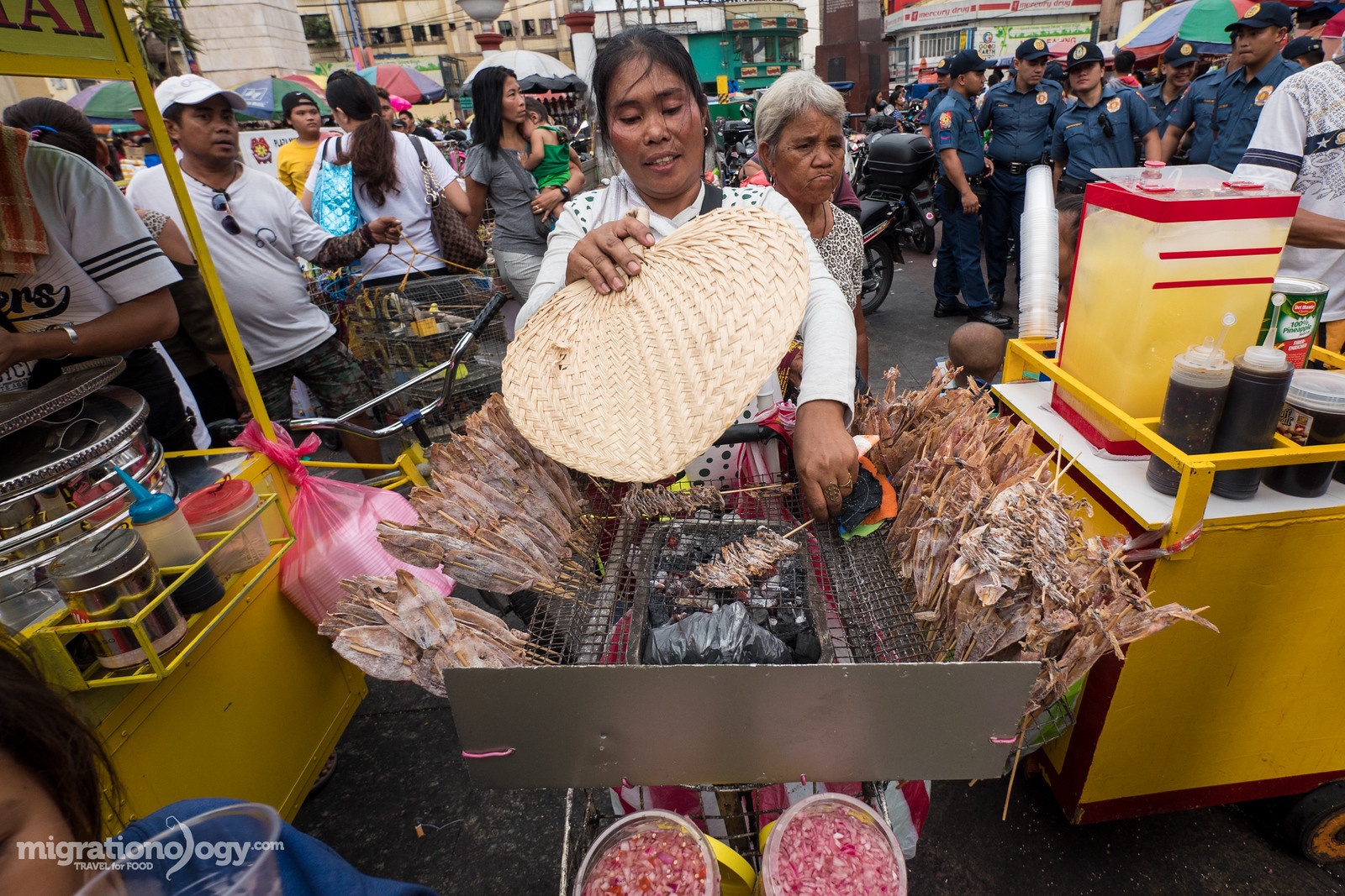 Dried squid skewers, a chewy and flavorful Filipino street food snack.
