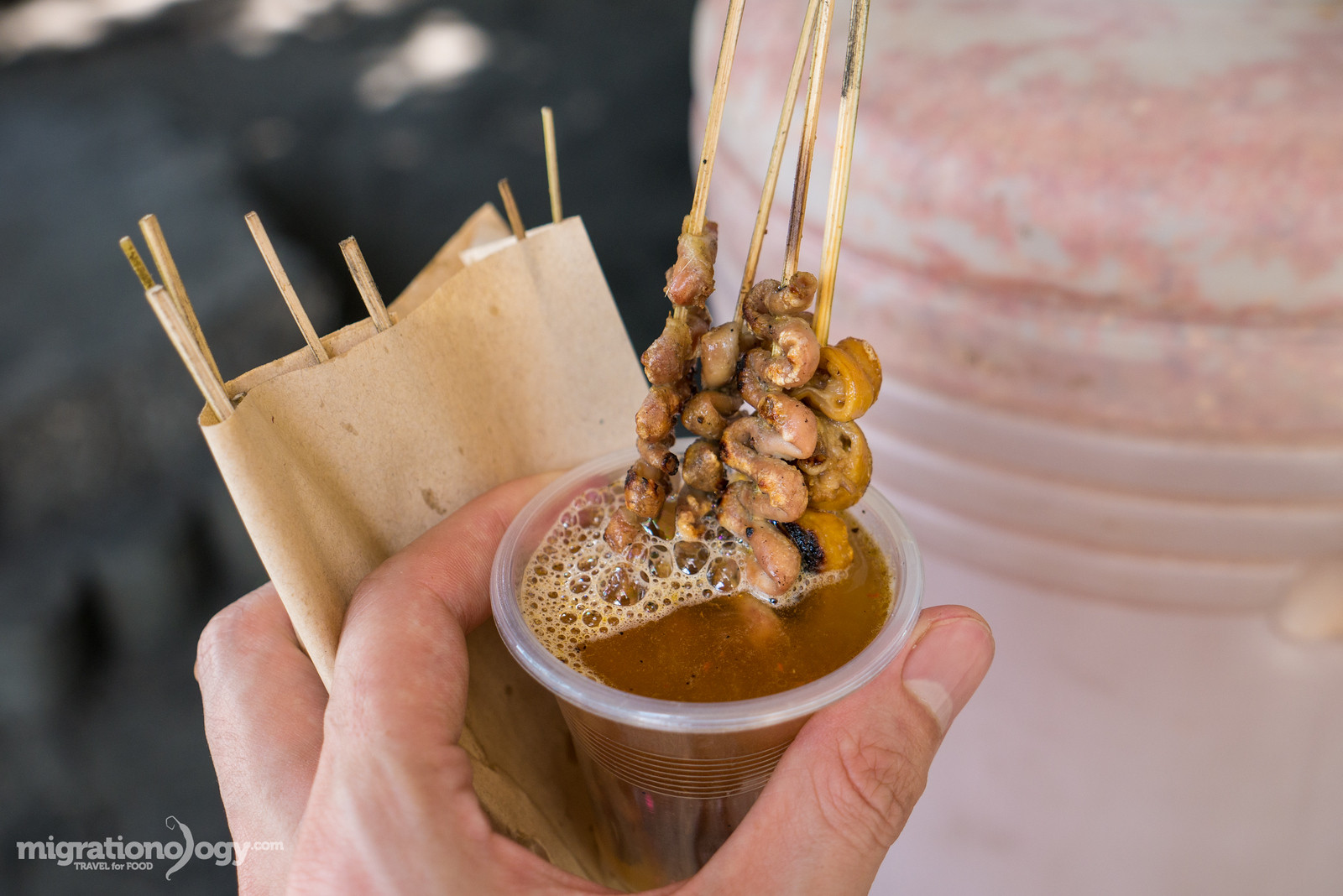 Grilled chicken intestines known as Isaw, a popular Filipino street food.