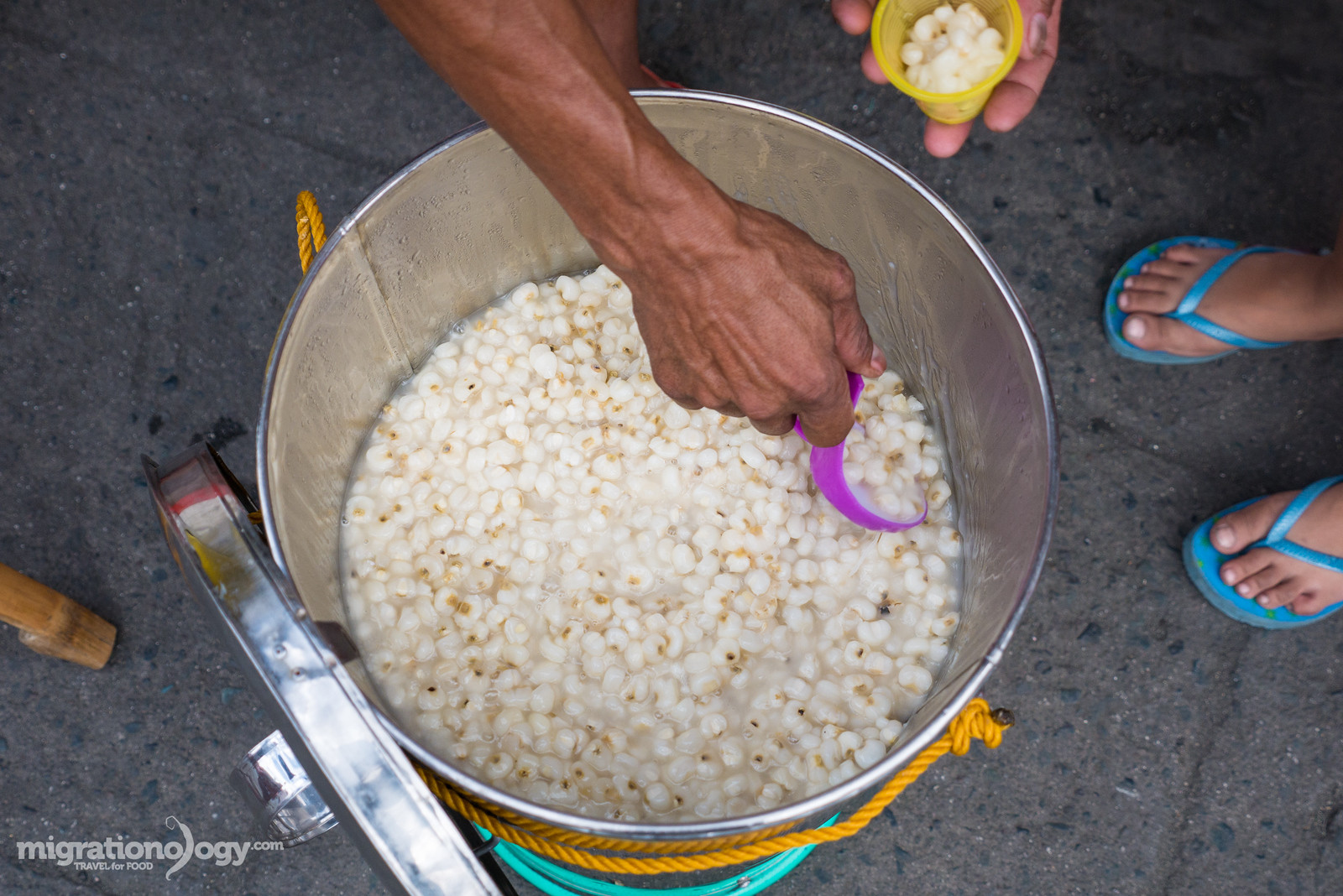 Binatog, boiled corn with coconut, a simple and satisfying Filipino street food snack.