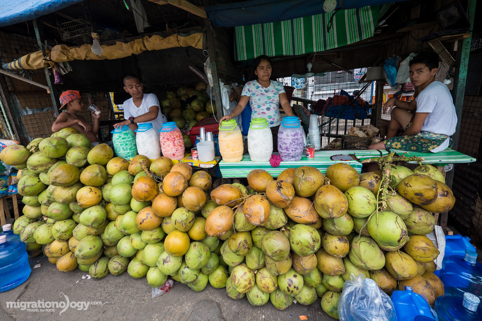 Buko, young coconuts, readily available as a refreshing Filipino street food drink.