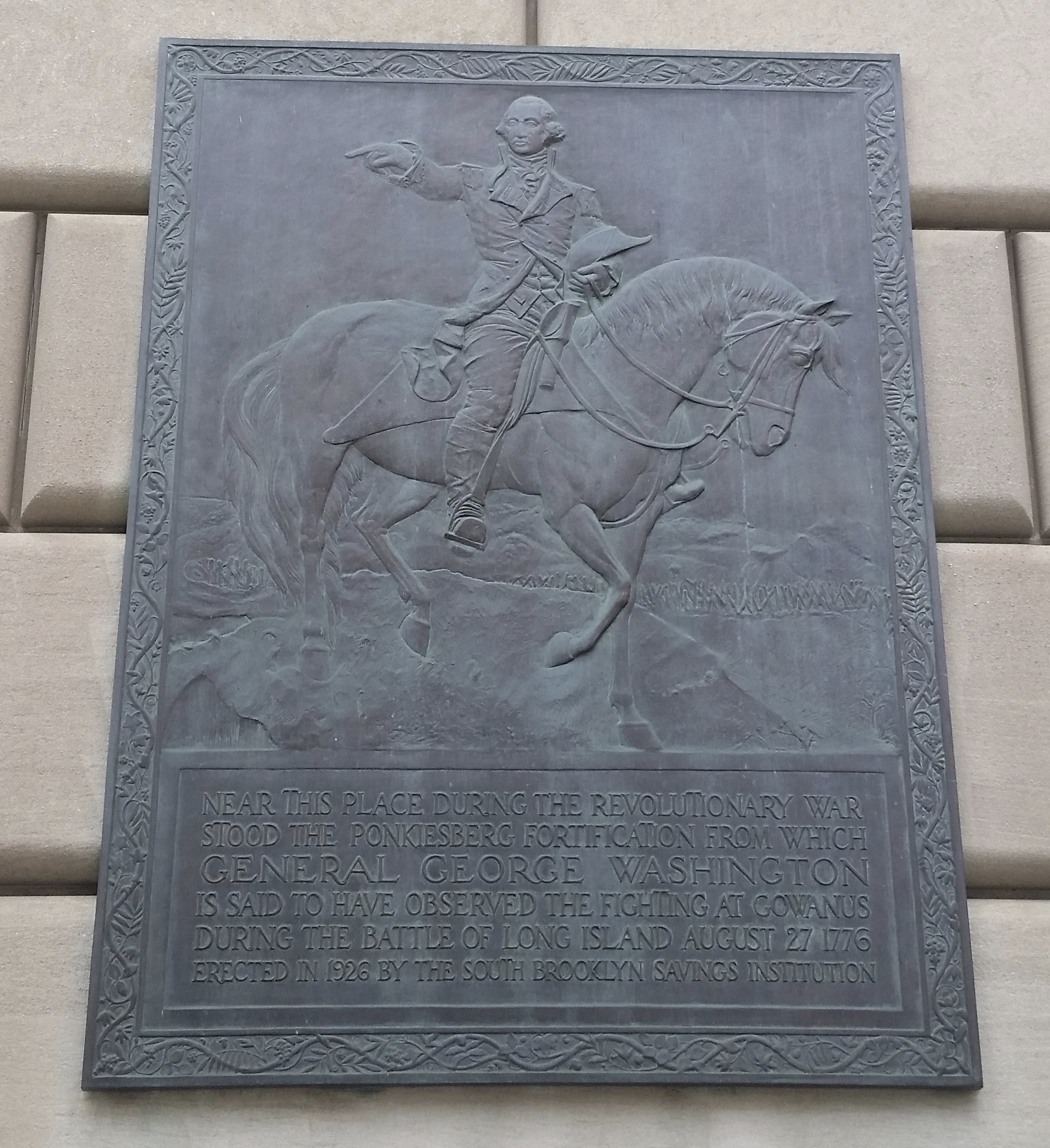Historical tablet at Trader Joe's Court Street Brooklyn commemorating Ponkiesberg Fortification and George Washington