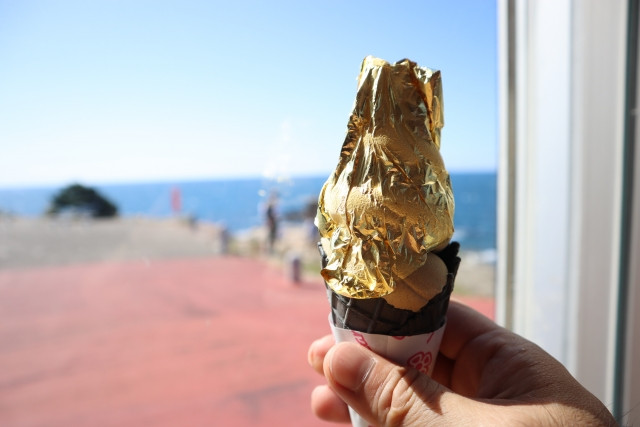 Gold leaf ice cream, Kinpaku, a specialty street food in Kanazawa.