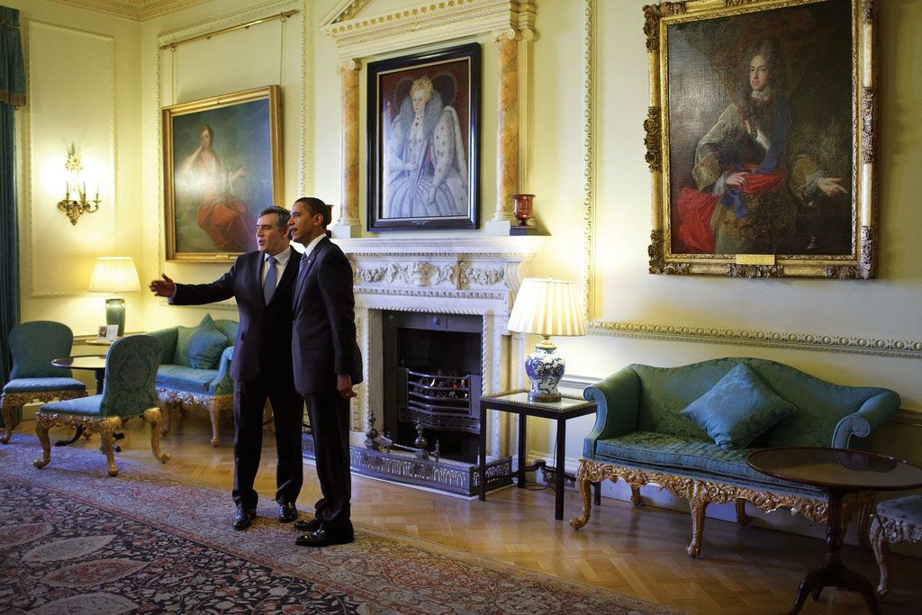 US President Barack Obama welcomed by British Prime Minister Gordon Brown at 10 Downing Street, London, UK. A historic meeting at the iconic residence of the Prime Minister.