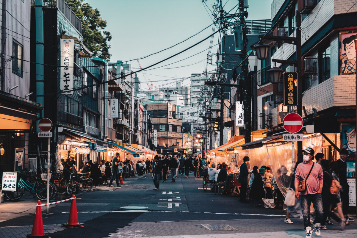 Hoppy Street in Asakusa, Tokyo, showcasing outdoor seating at traditional Izakayas.
