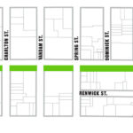 Map of the Hudson Street Project Area in Hudson Square, New York City, highlighting the transformed street from Canal to West Houston Streets with new green spaces, bike lanes, and pedestrian-friendly sidewalks.