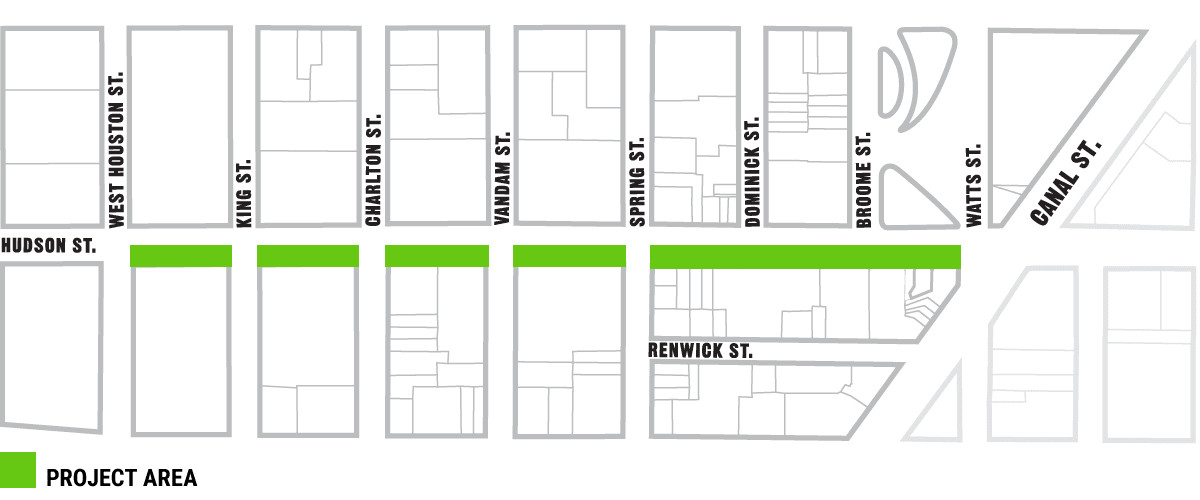 Map of the Hudson Street Project Area in Hudson Square, New York City, highlighting the transformed street from Canal to West Houston Streets with new green spaces, bike lanes, and pedestrian-friendly sidewalks.