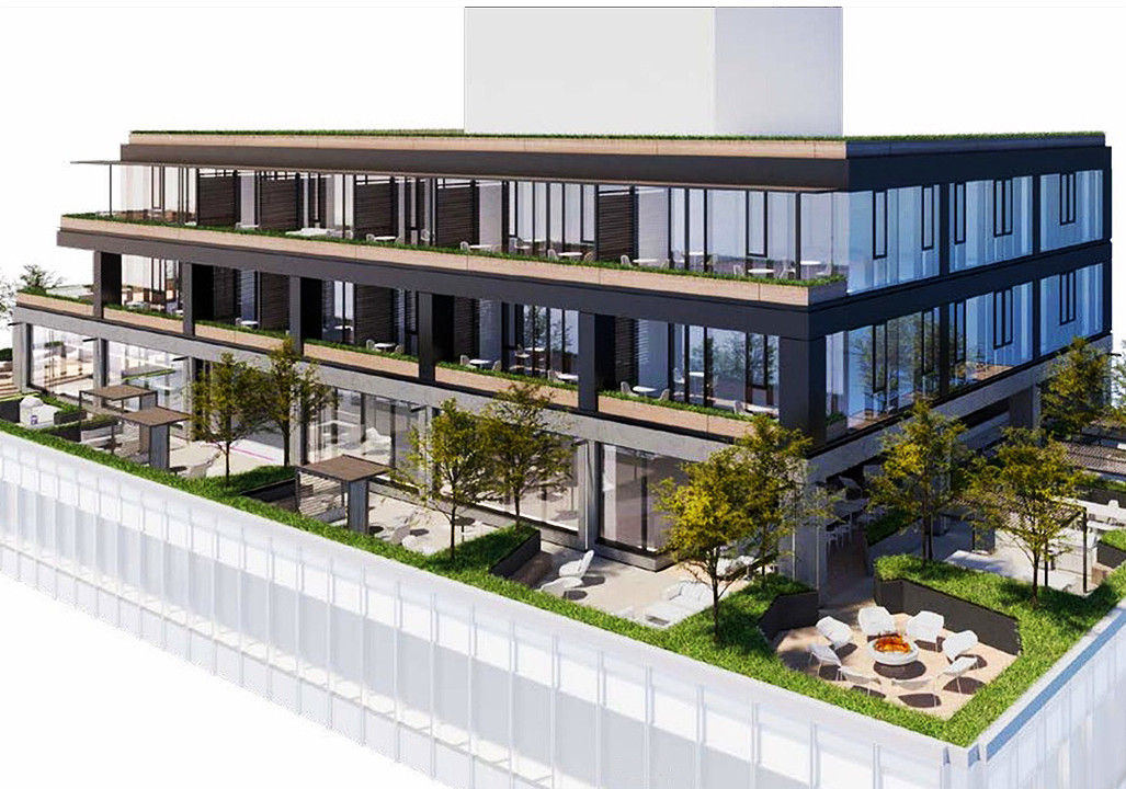 Architectural rendering of the upper floor expansion of 160 Water Street, showcasing floor-to-ceiling windows and modern design.