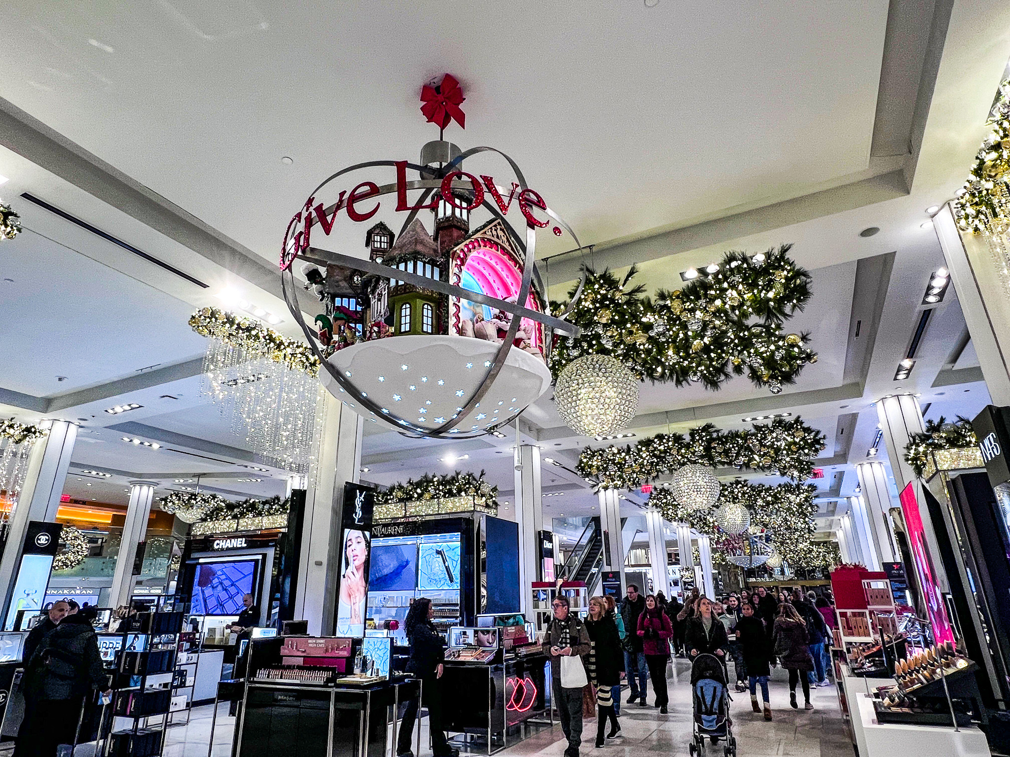 Interior holiday decorations inside Macy's 34th Street store