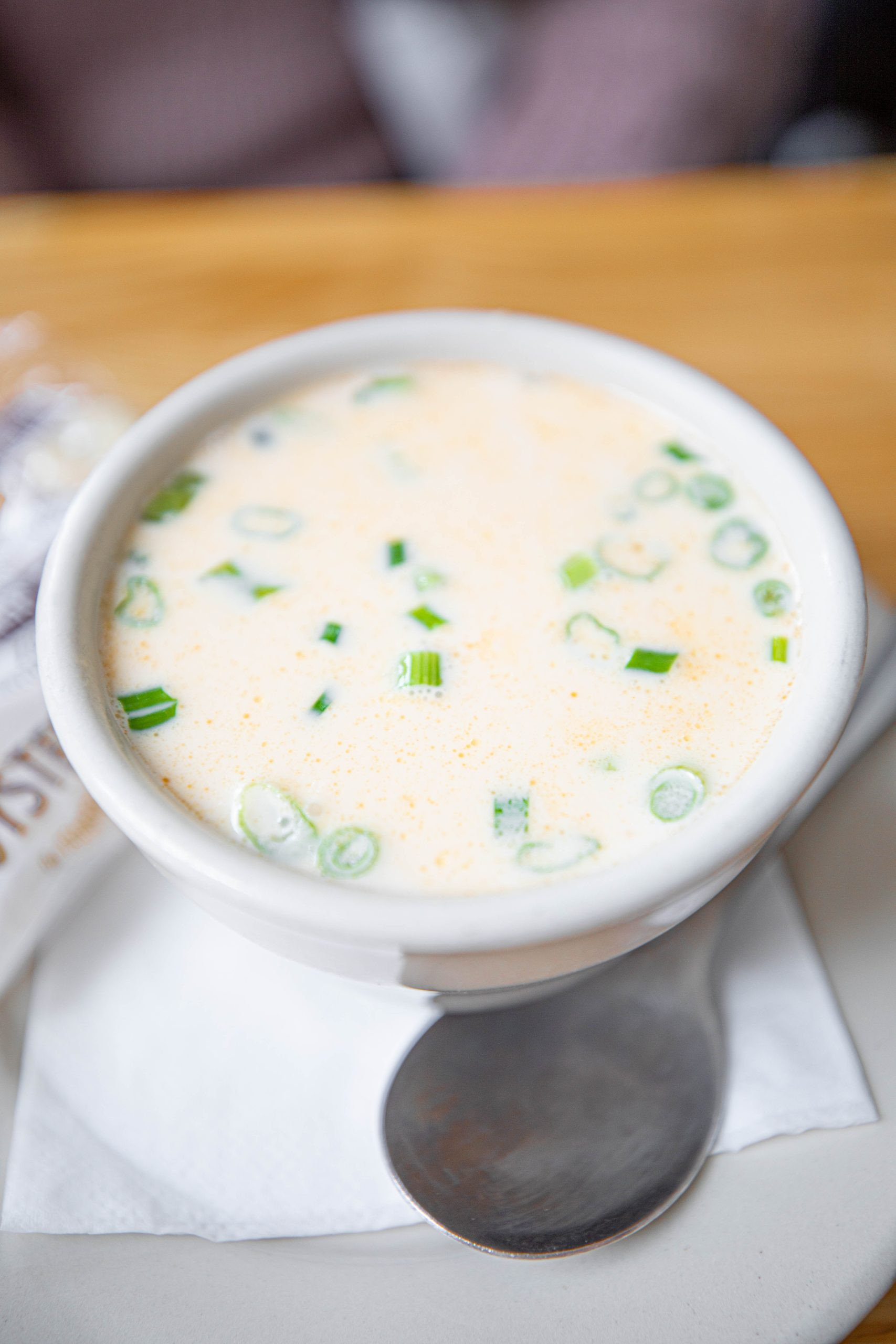 A bowl of creamy Clam Chowder at Side Street Café in Bar Harbor Maine