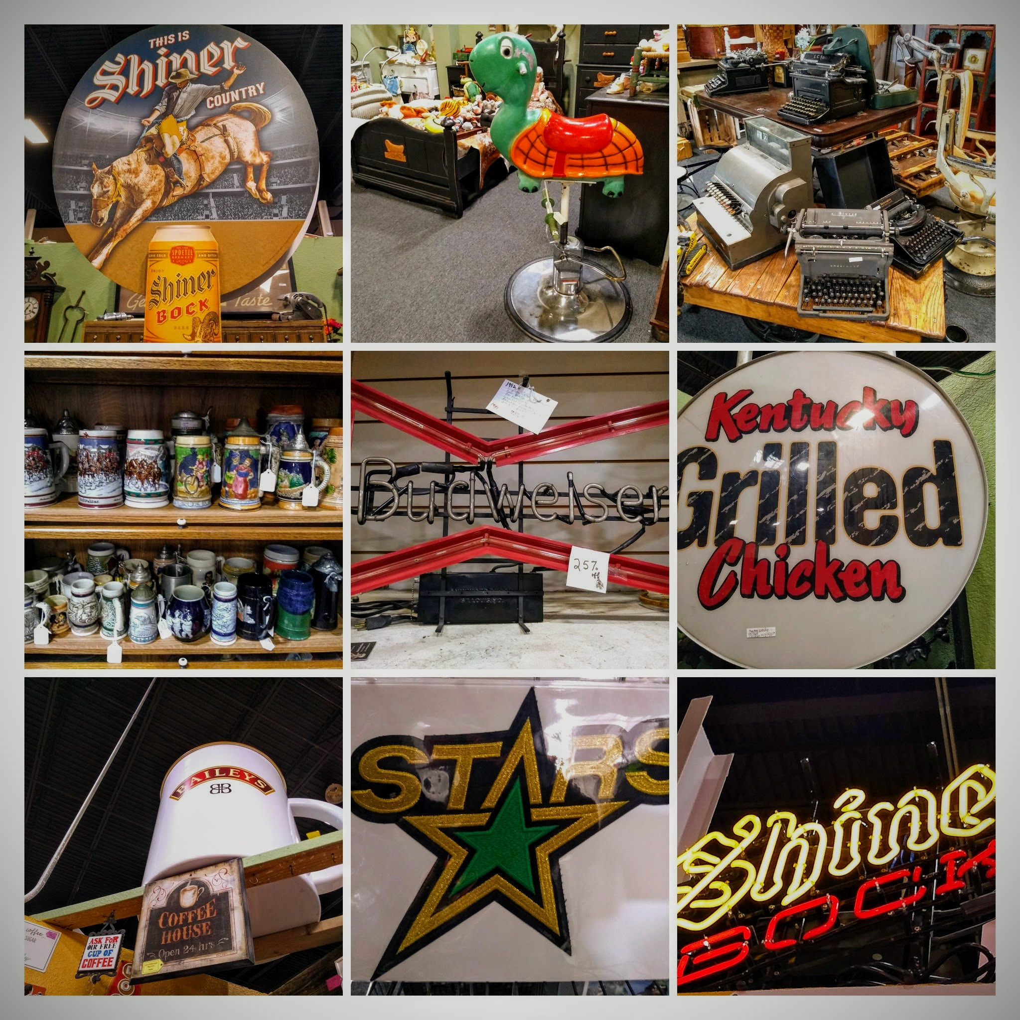 Collage of vintage items at Cooper Street Antique Mall, including a Shiner Bock neon sign and Dallas Stars memorabilia.