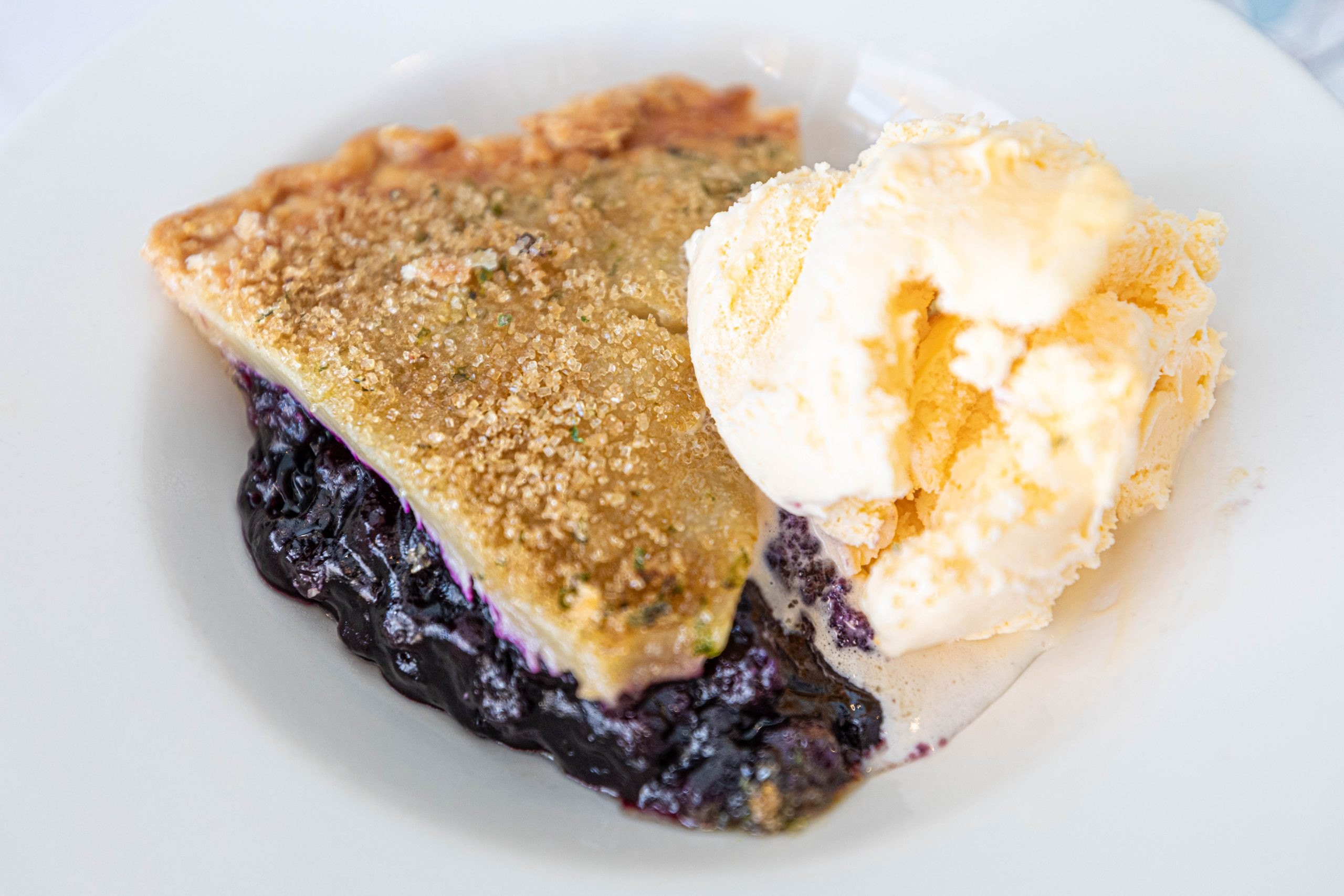 A slice of homemade Blueberry Pie at Side Street Café Bar Harbor Maine