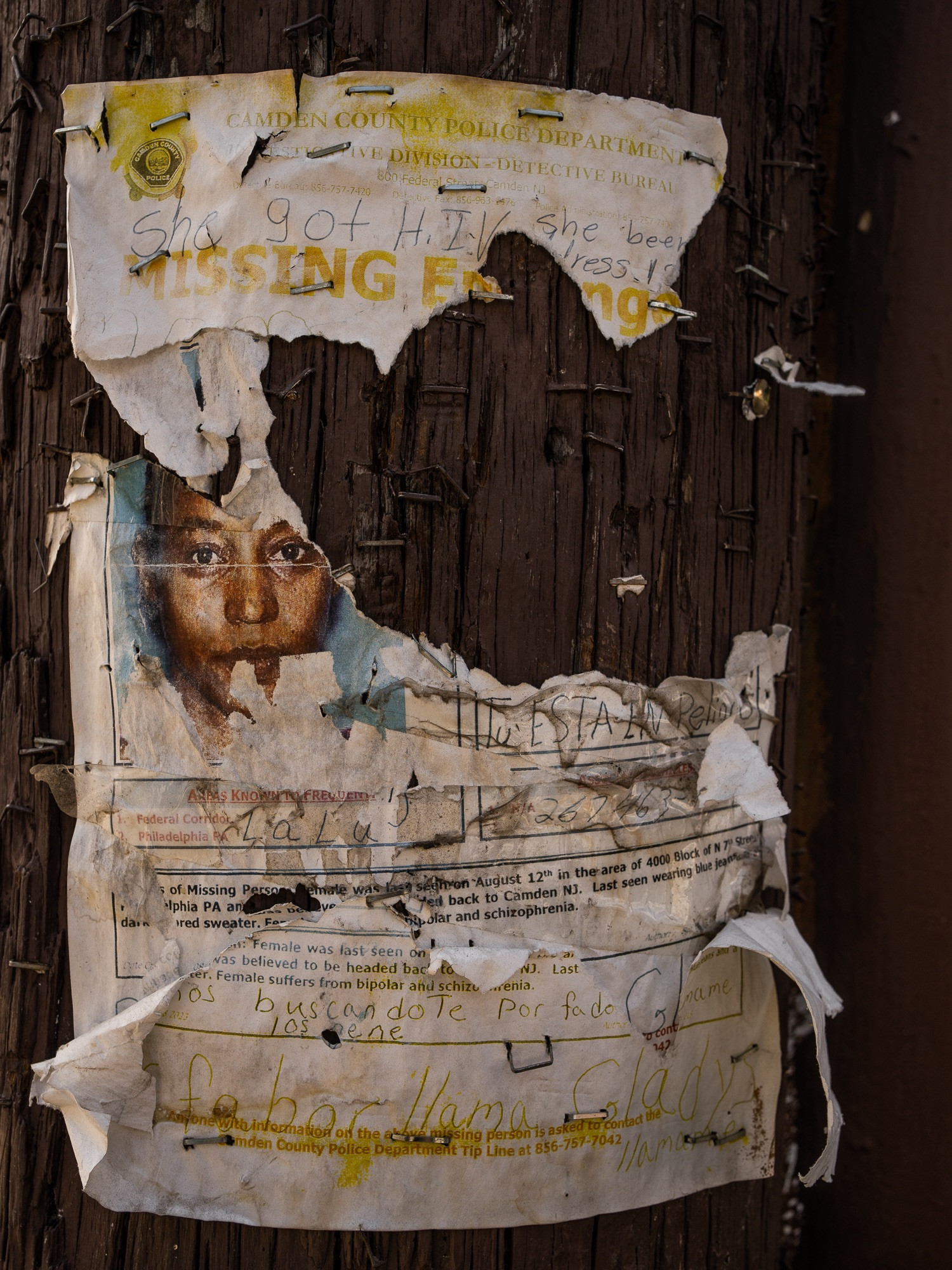 A missing person flyer in Needle/MacPherson Park, Kensington, Philadelphia, a somber reminder of the vulnerable individuals in the community.