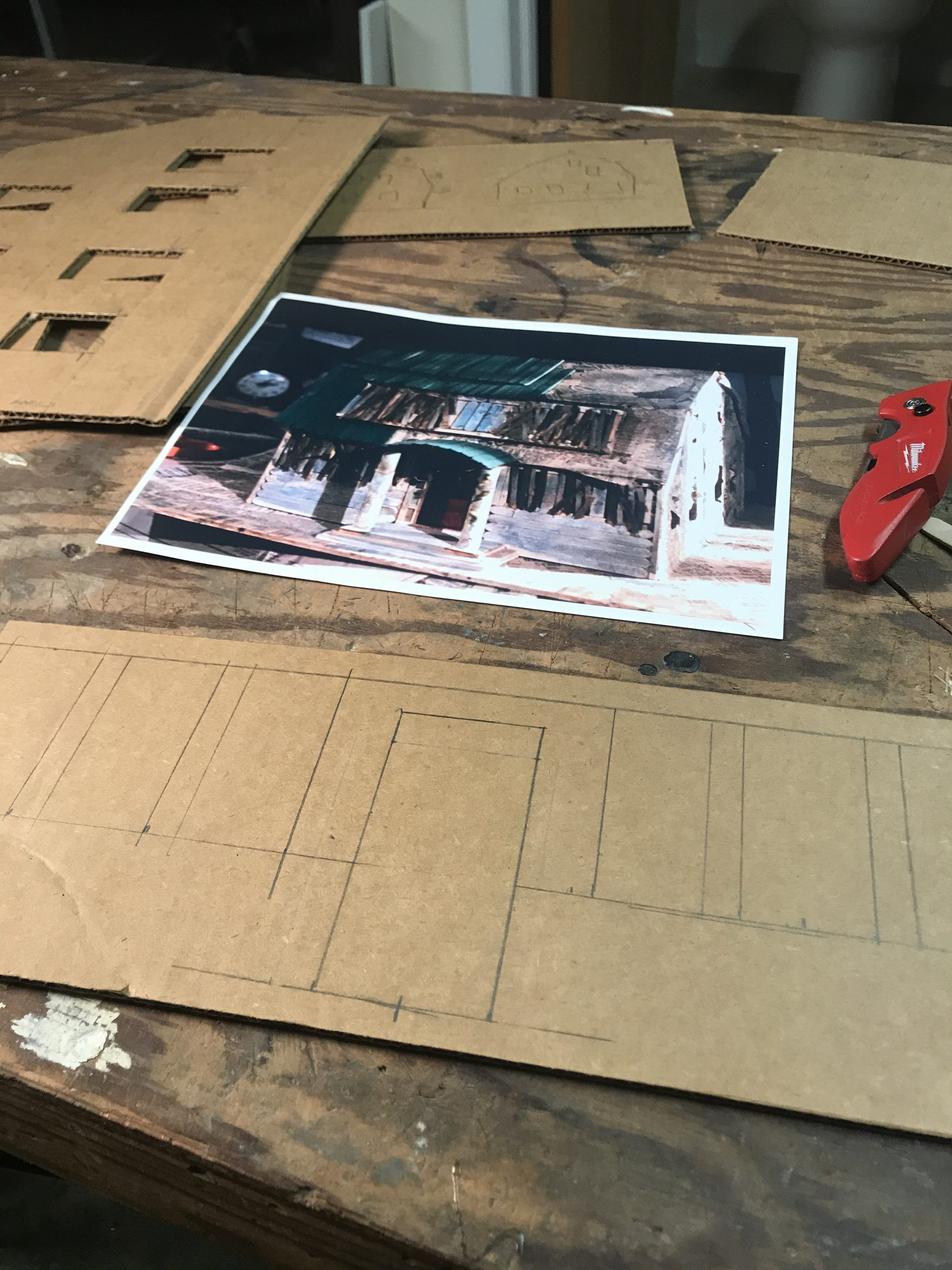 Elm Street House model measurements with popsicle sticks, side view