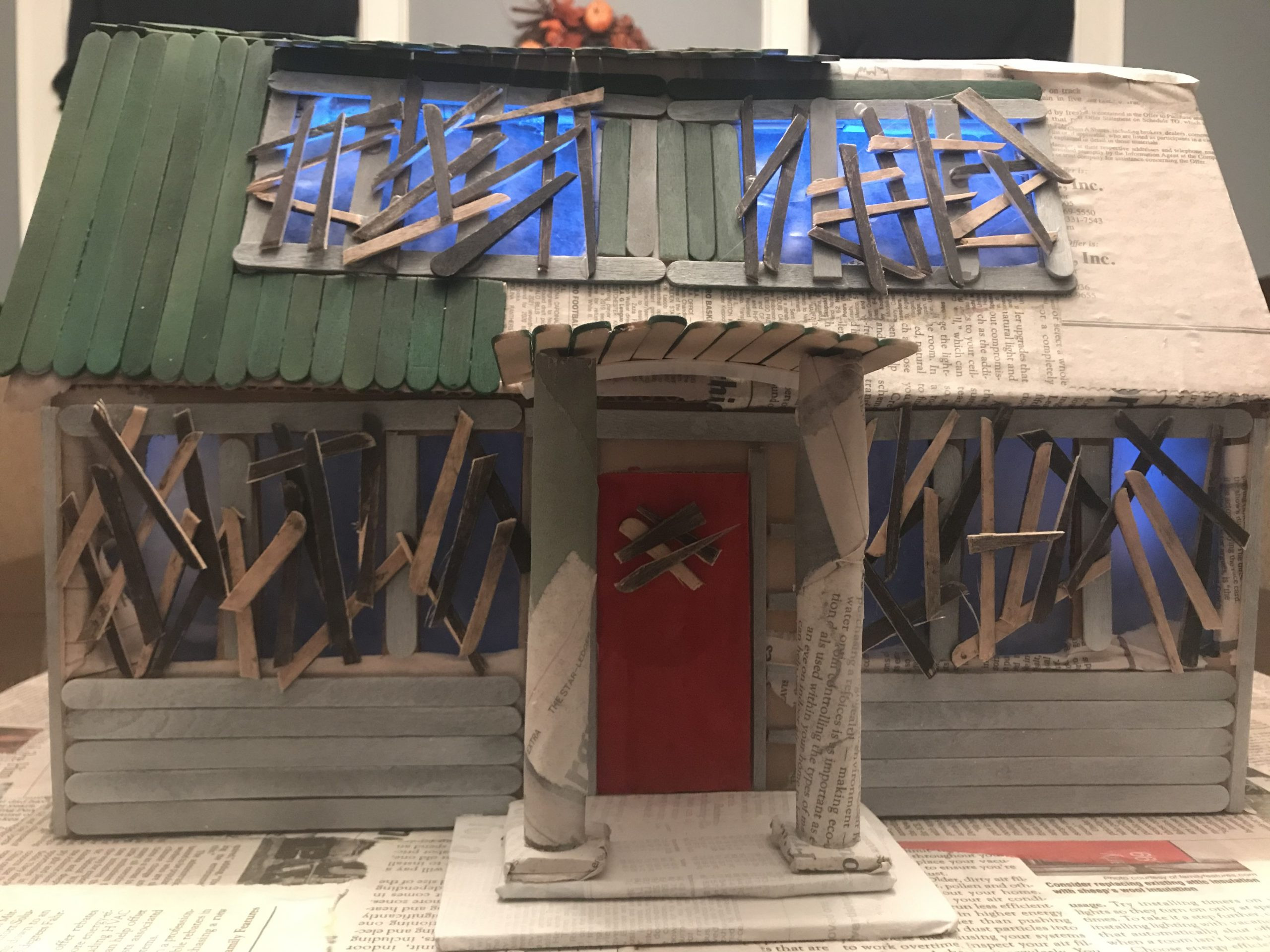 Finished paper mache Elm Street house with LED lighting for Halloween decor