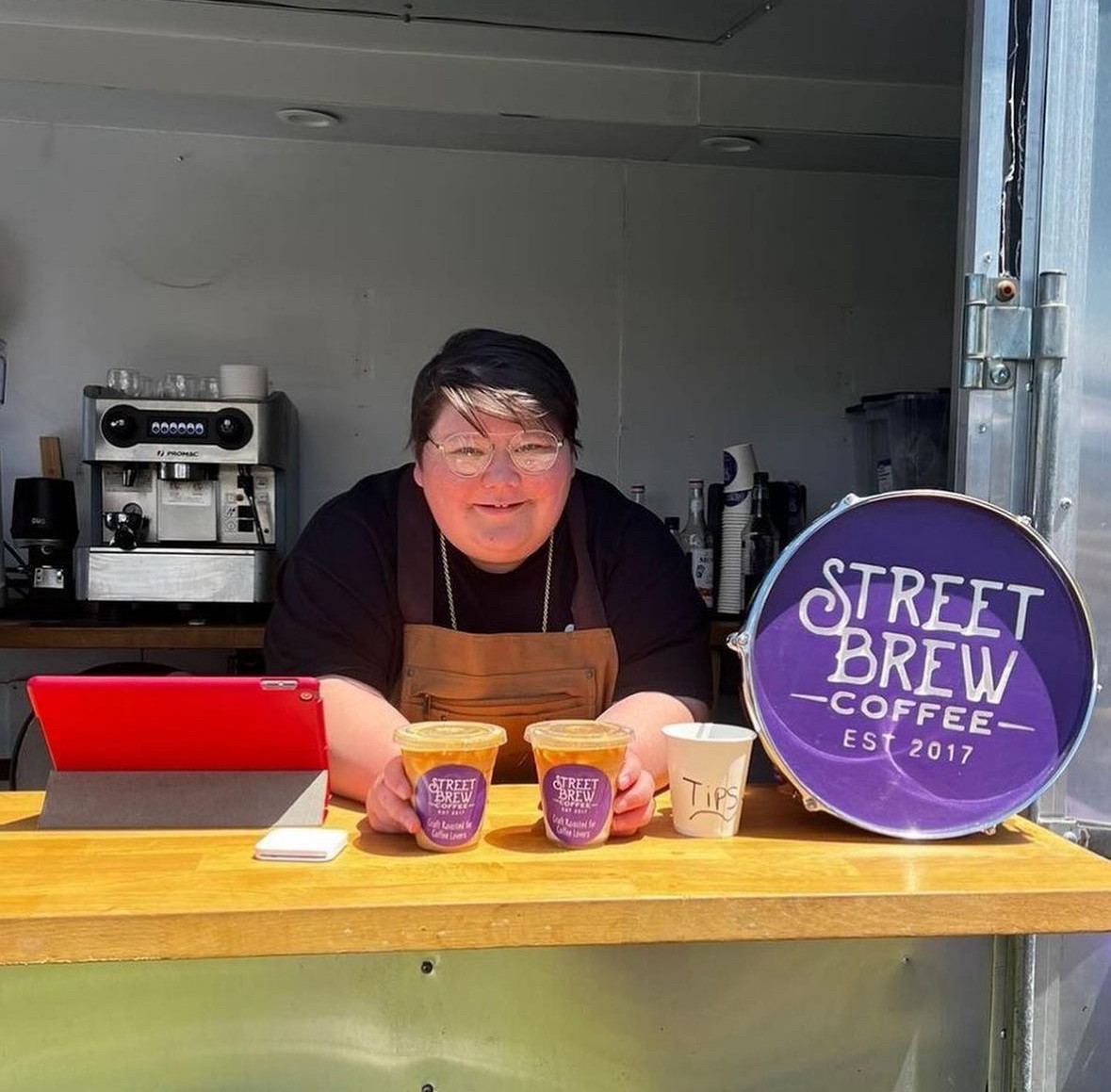 Street Brew Coffee trailer, a mobile coffee shop, serving customers