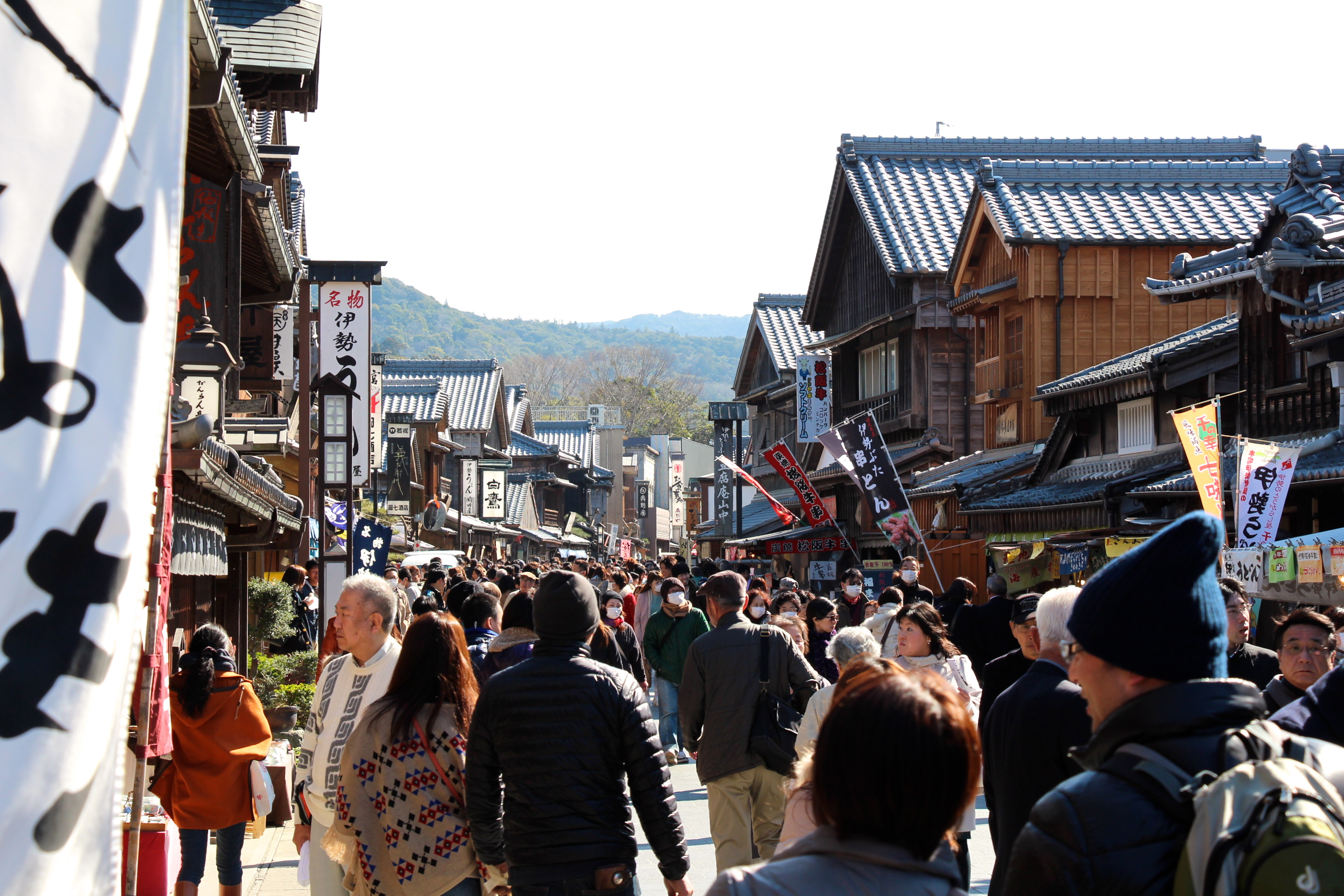 Okage Yokocho in Mie, a bustling street near Ise Grand Shrine.