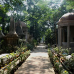 Moss-covered tombs and greenery at South Park Street Cemetery in Kolkata