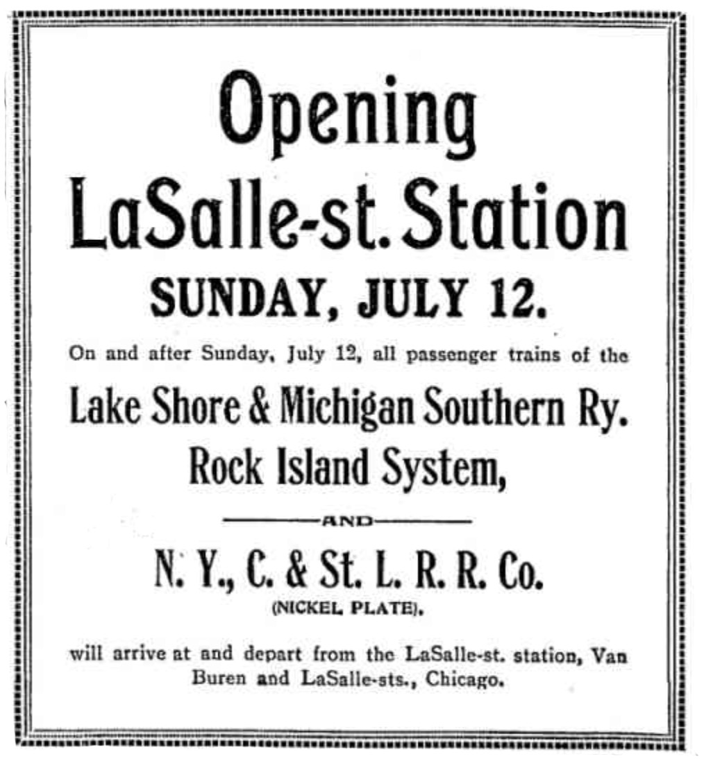Advertisement announcing the opening of La Salle Street Station in the Chicago Tribune on July 11, 1903.