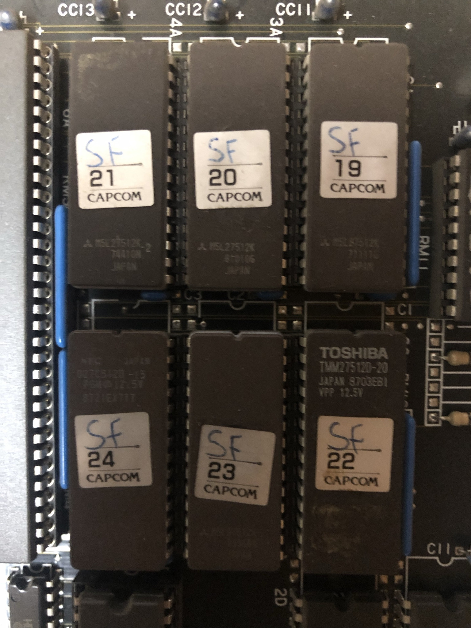 Street Fighter One CPU ROMs located on the C-Board, showcasing hand-written labels.