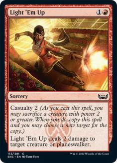 Close-up of the Magic: The Gathering card "Light Up the Night" from the Streets of New Capenna set, showcasing its red mana cost and spell effect.