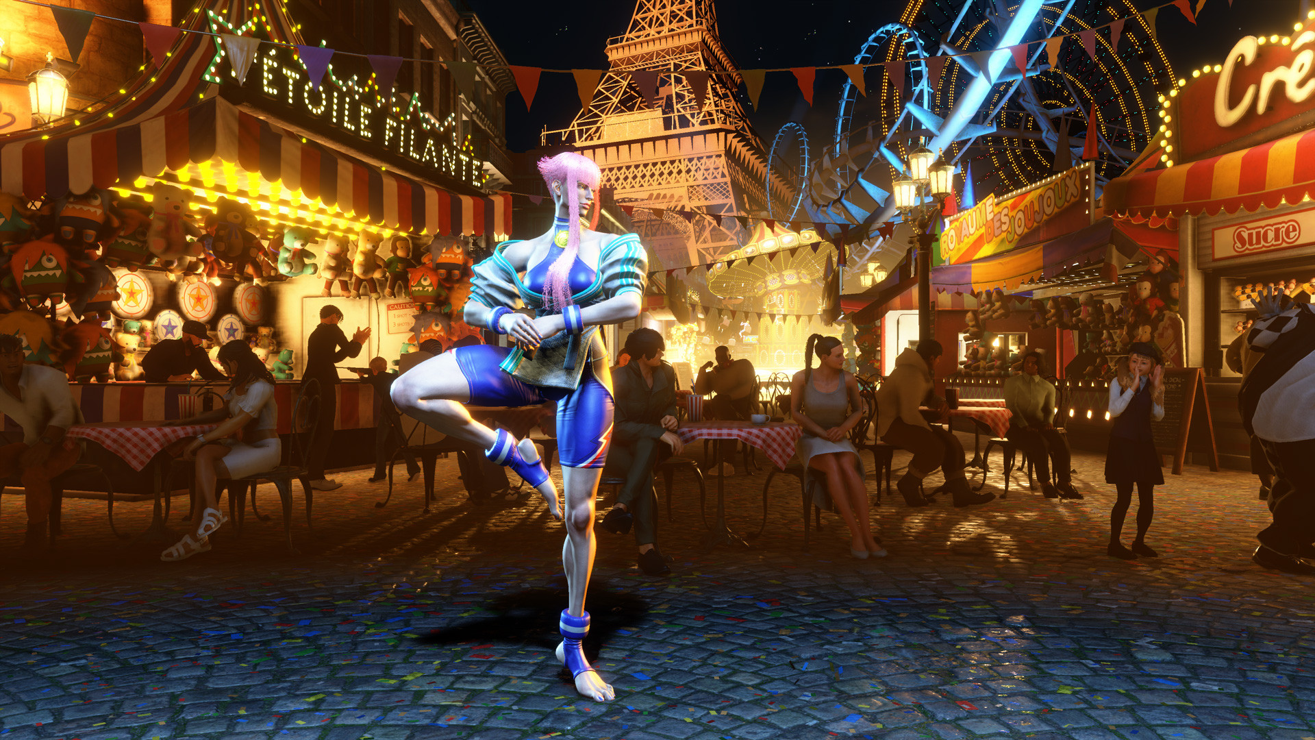Manon's stage in Street Fighter 6, a fairground setting with the Eiffel Tower in the background.