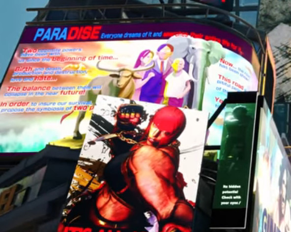 Billboard in Metro City from the Street Fighter 6 announce trailer, featuring Marisa and a hidden Illuminati reference.