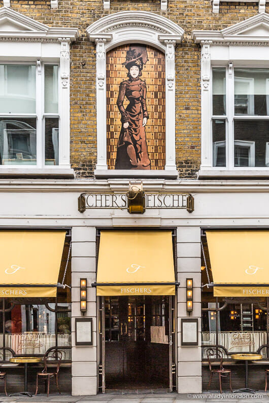 Elegant dining setting at Fischer's restaurant on Marylebone High Street, London, highlighting its classic ambiance.