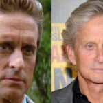 Michael Douglas as Gordon Gekko in Wall Street, juxtaposed with a recent image, highlighting his enduring presence in Hollywood