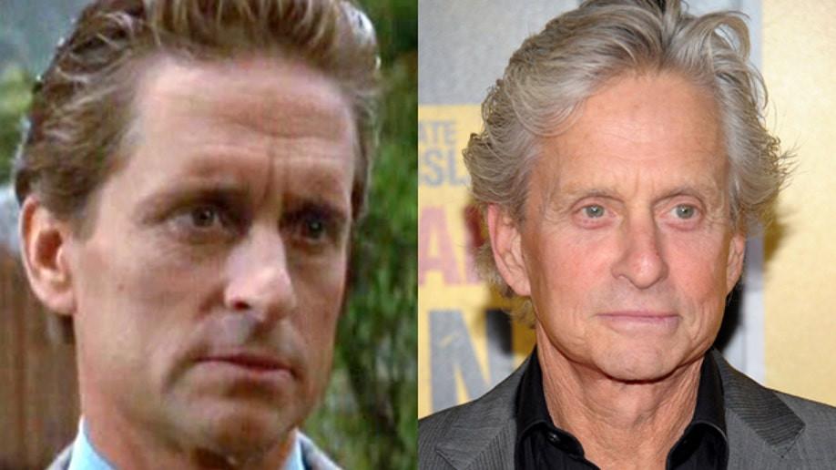 Michael Douglas as Gordon Gekko in Wall Street, juxtaposed with a recent image, highlighting his enduring presence in Hollywood