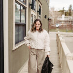 Outfit featuring Abercrombie Sloane Pants, Abercrombie Tee, Adidas Samba Sneakers, and Valentino Handbag