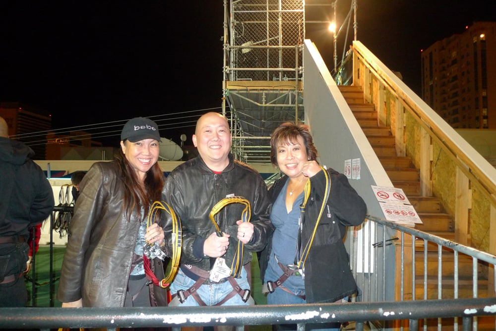 Riders securely strapped in for the Fremont Street Zipline adventure.