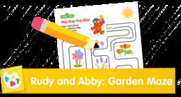 Rudy and Abby Garden Maze Sesame Street coloring activity.