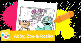 Abby, Zoe, and Rosita girl power Sesame Street coloring page.